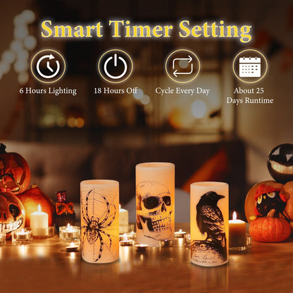 Halloween Flameless Candle Lamp (3 Pack) With Timer Setting Battery Operated Warm Orange Light Candles
