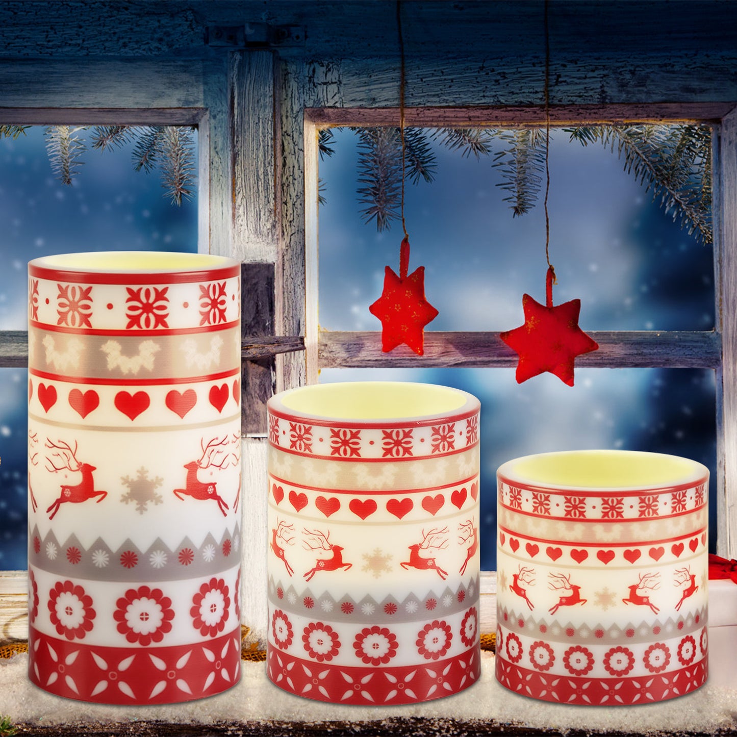 3-Piece Christmas LED Flameless Candle Set – Elegant Deer Design, Flickering Glow with Remote & Timer