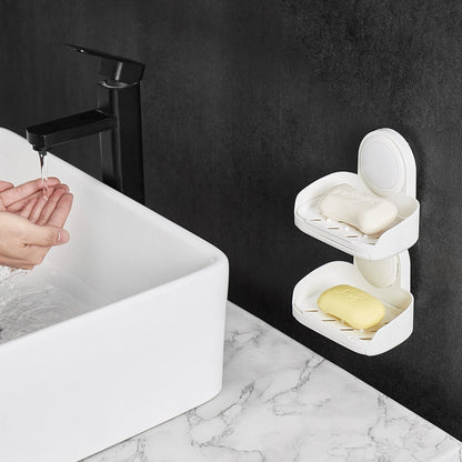 Suction Cup Soap Dish With Double Layer Holder With Drain Tray For Shower