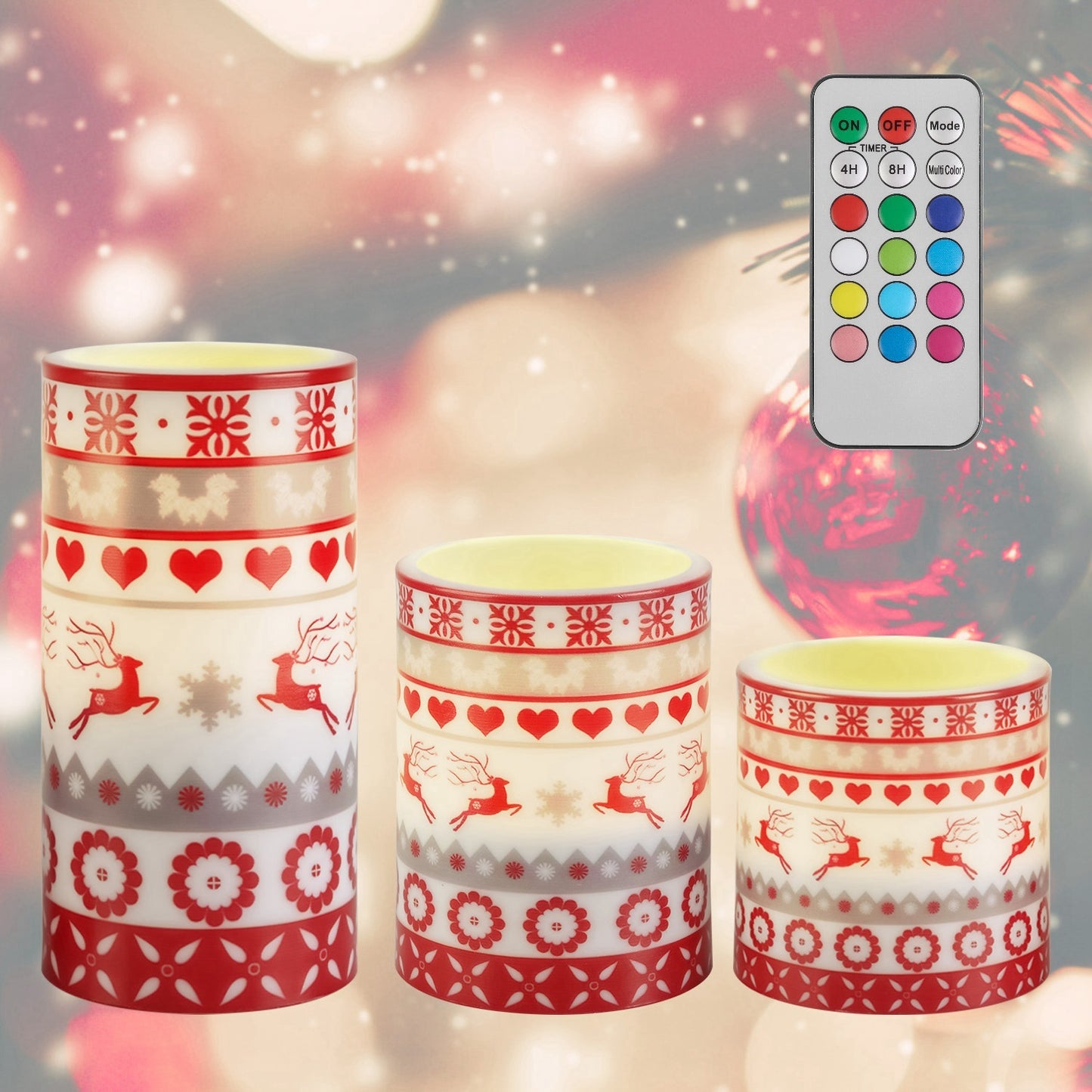 3-Piece Christmas LED Flameless Candle Set – Elegant Deer Design, Flickering Glow with Remote & Timer