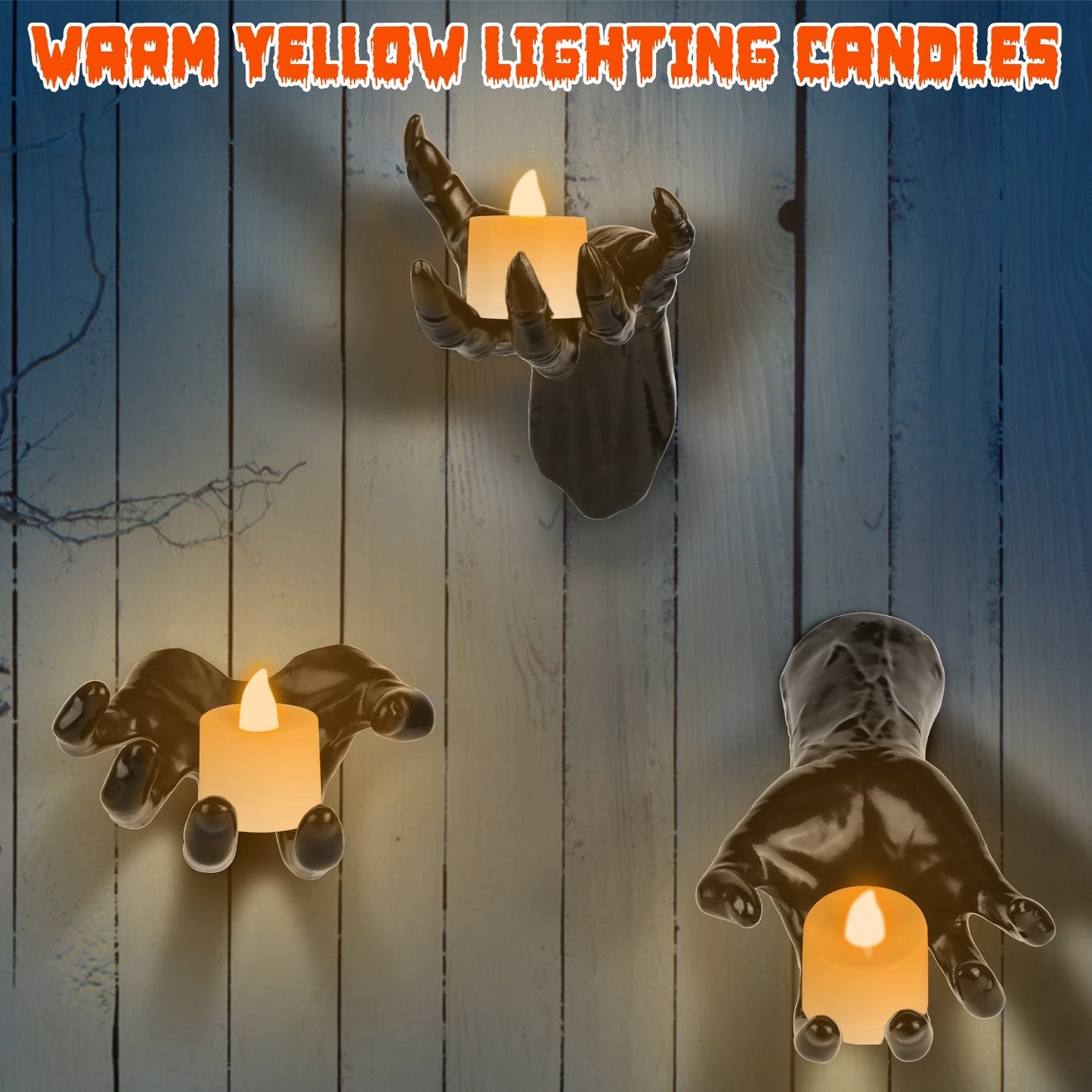 3Pcs Gothic Reaching Hands with Candle Lights – Witch & Devil Hand Wall Hanging Halloween Sculpture