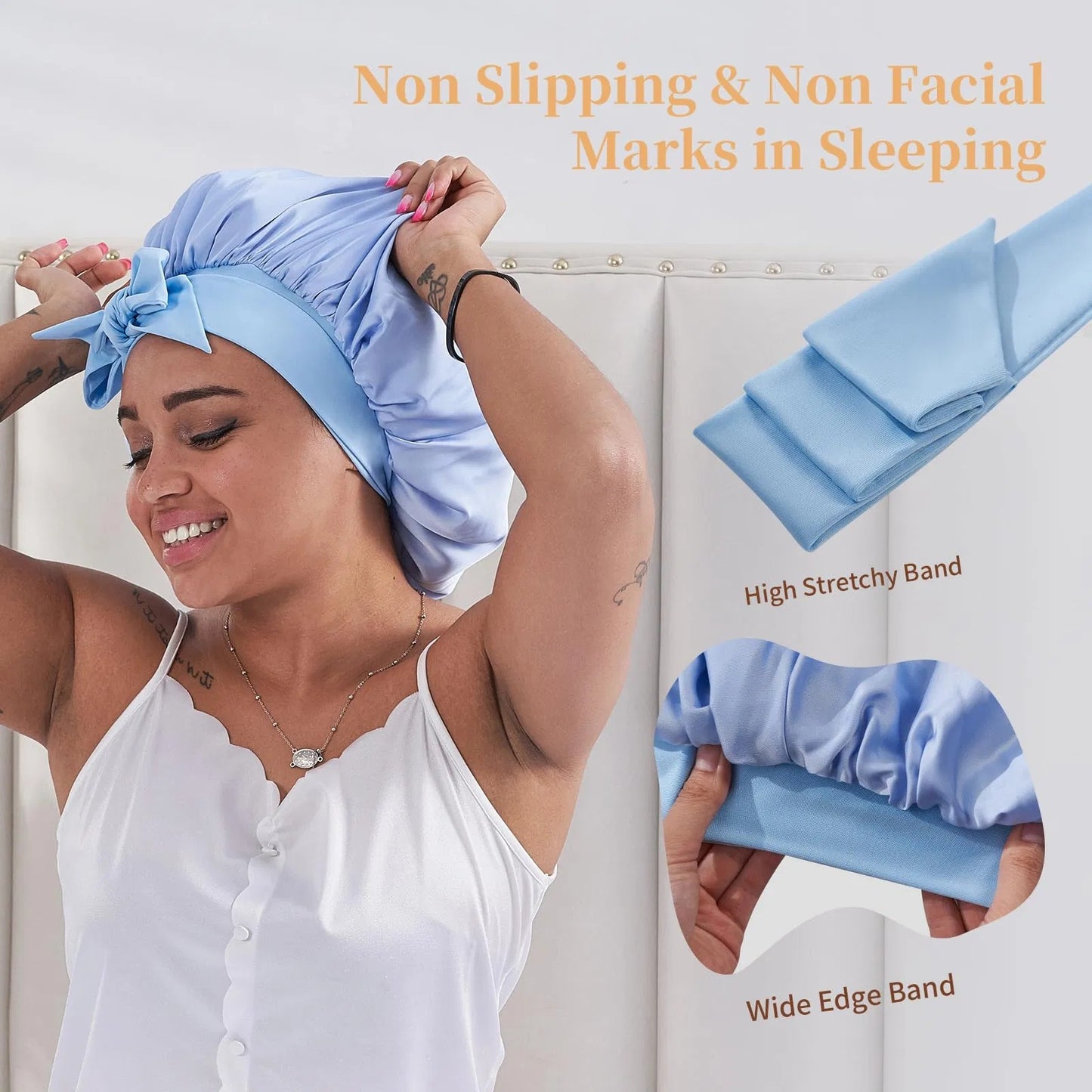 Silk Bonnet For Sleeping Women, Satin Hair Bonnet For Sleeping For Wavy Curly Natural Hair Women Men - Blue