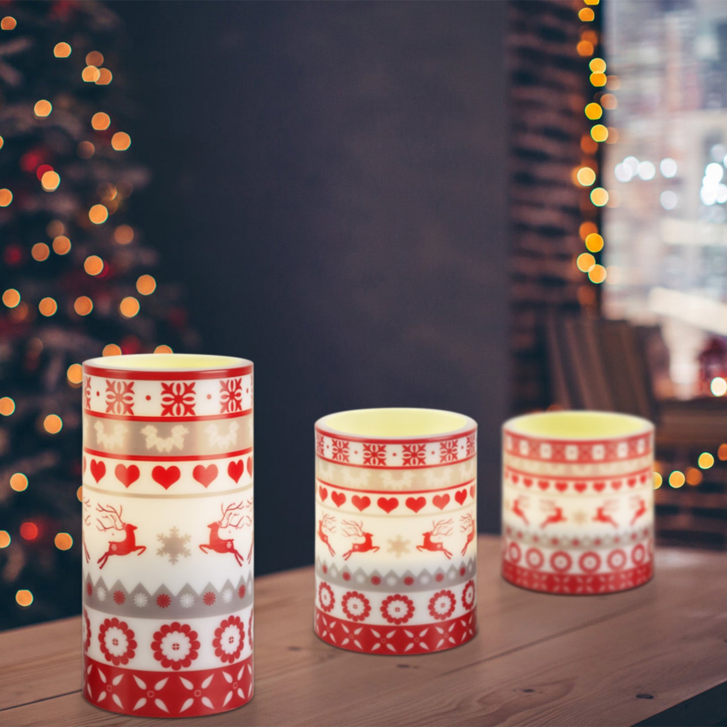 3-Piece Christmas LED Flameless Candle Set – Elegant Deer Design, Flickering Glow with Remote & Timer