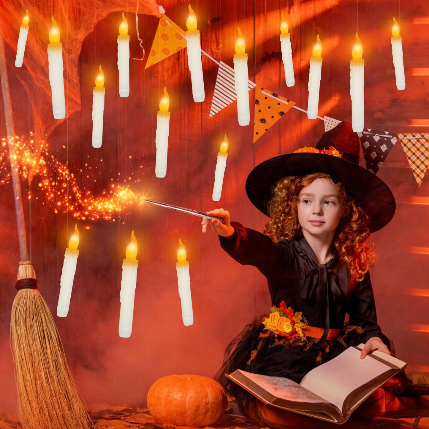 12Pcs Flameless Floating Candles LED Magic Hanging Candle Light Battery Operated Flickering Warm Light Window Candle With Magic Wand Remote