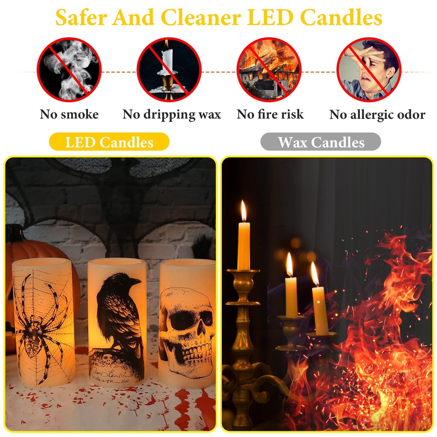 Halloween Flameless Candle Lamp (3 Pack) With Timer Setting Battery Operated Warm Orange Light Candles