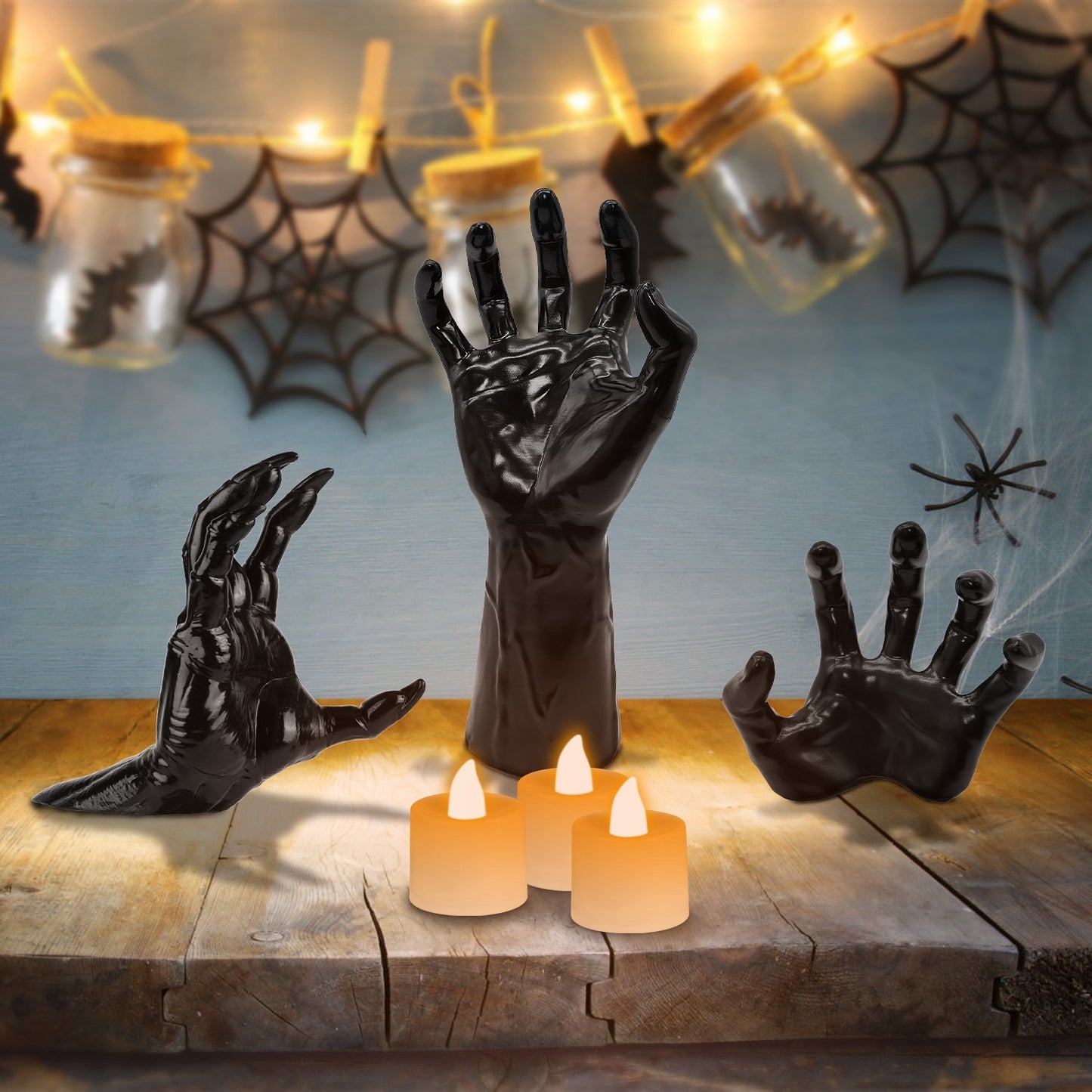 3Pcs Gothic Reaching Hands with Candle Lights – Witch & Devil Hand Wall Hanging Halloween Sculpture