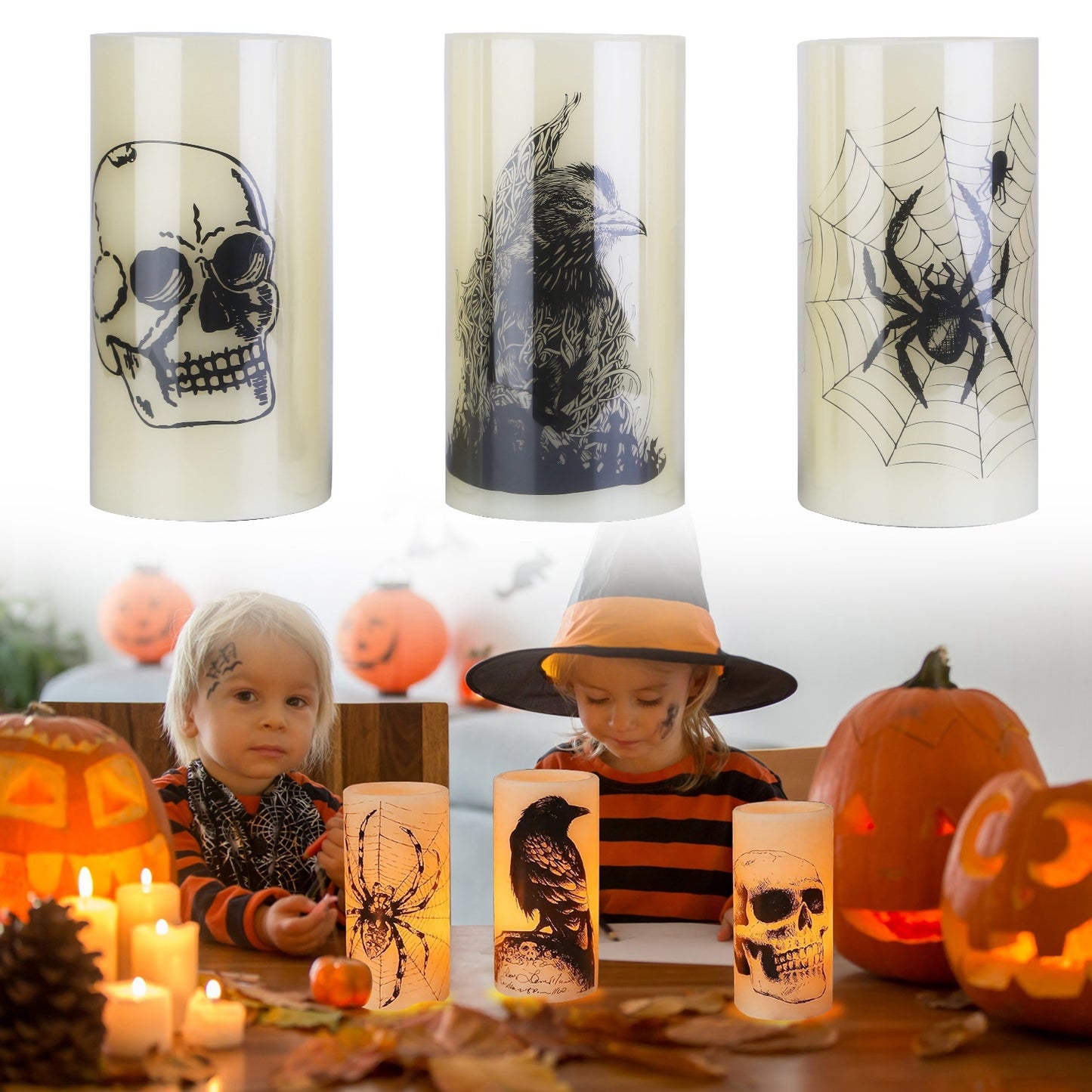 Halloween Flameless Candle Lamp (3 Pack) With Timer Setting Battery Operated Warm Orange Light Candles