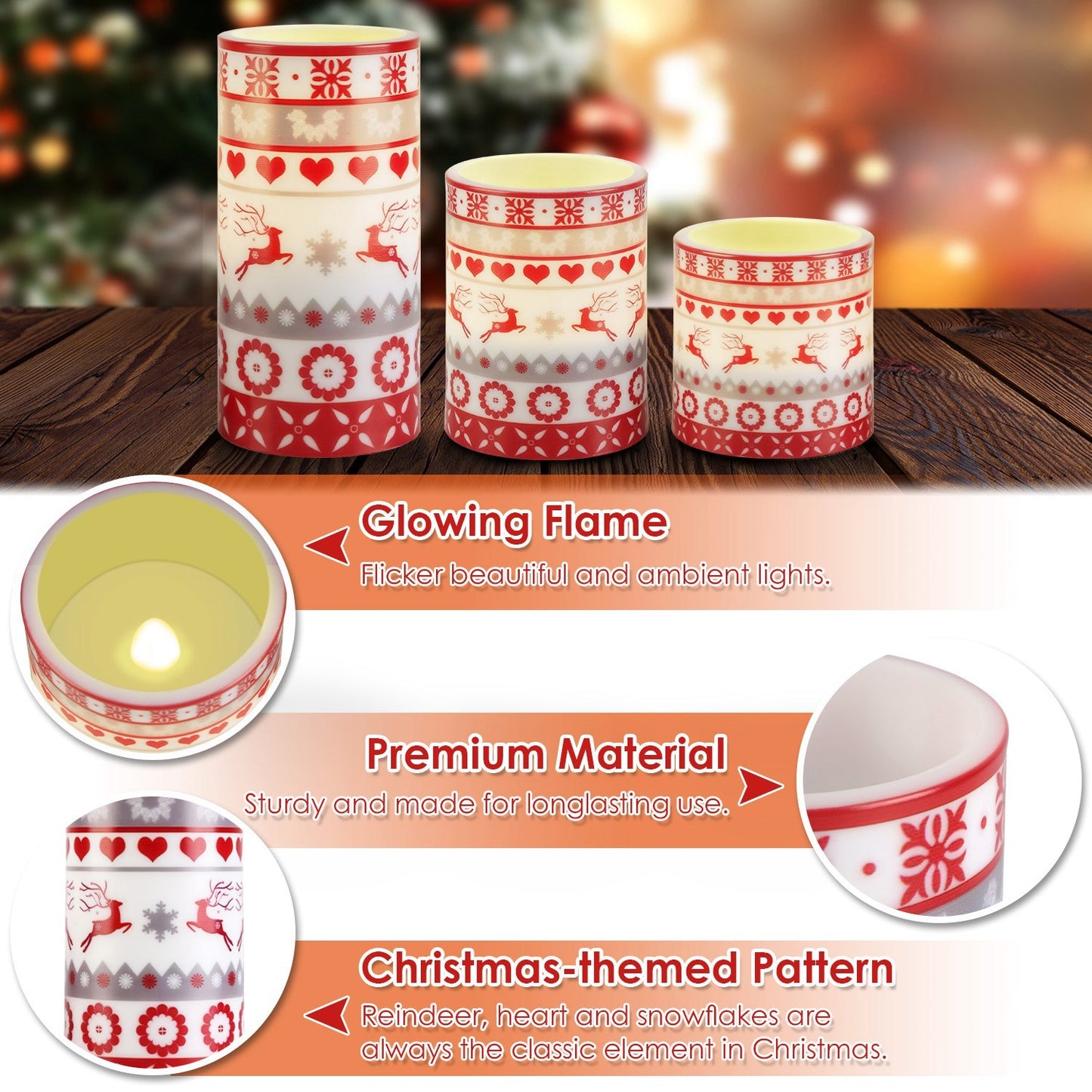 3-Piece Christmas LED Flameless Candle Set – Elegant Deer Design, Flickering Glow with Remote & Timer