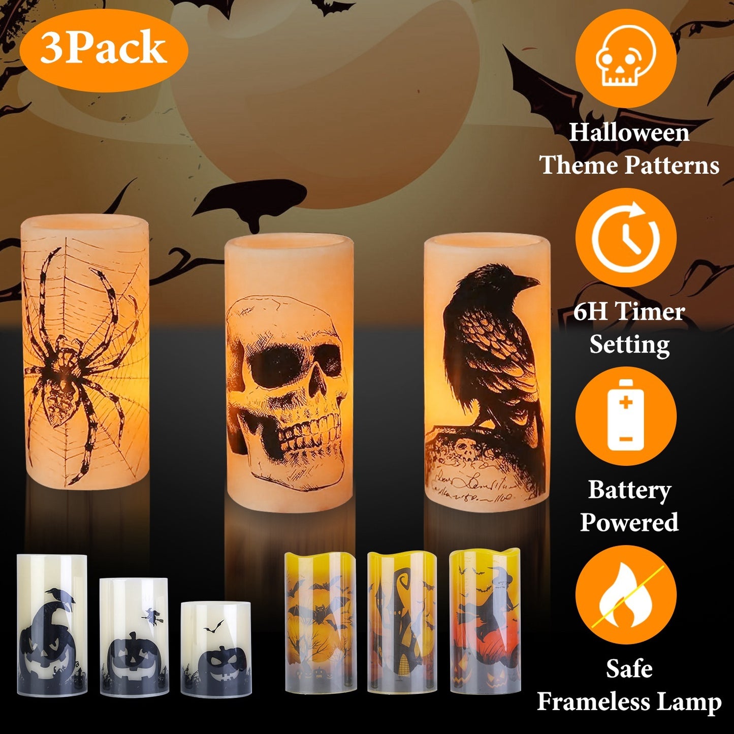 Halloween Flameless Candle Lamp (3 Pack) With Timer Setting Battery Operated Warm Orange Light Candles